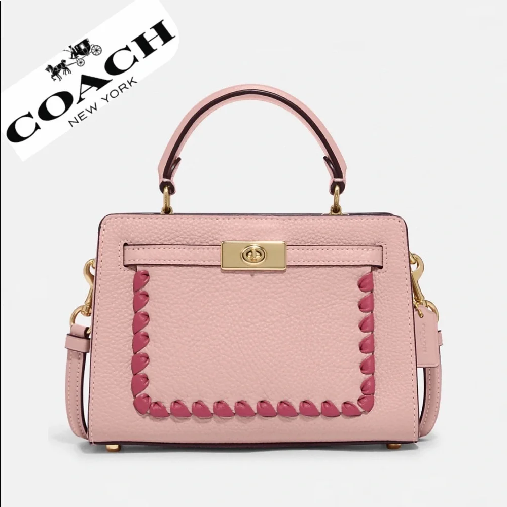 SALE🔥COACH MINI LANE TOP HANDLE WITH WHIPSTITCH GOLD/PINK LEATHER SHOULDER BAG